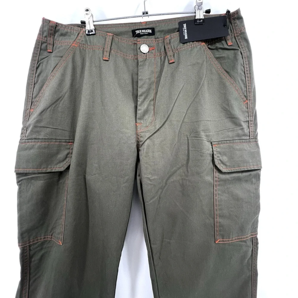 True Religion Cargo Pants Men's 34 Green‎ Kalamata Orange Stitching NWT $159 NEW